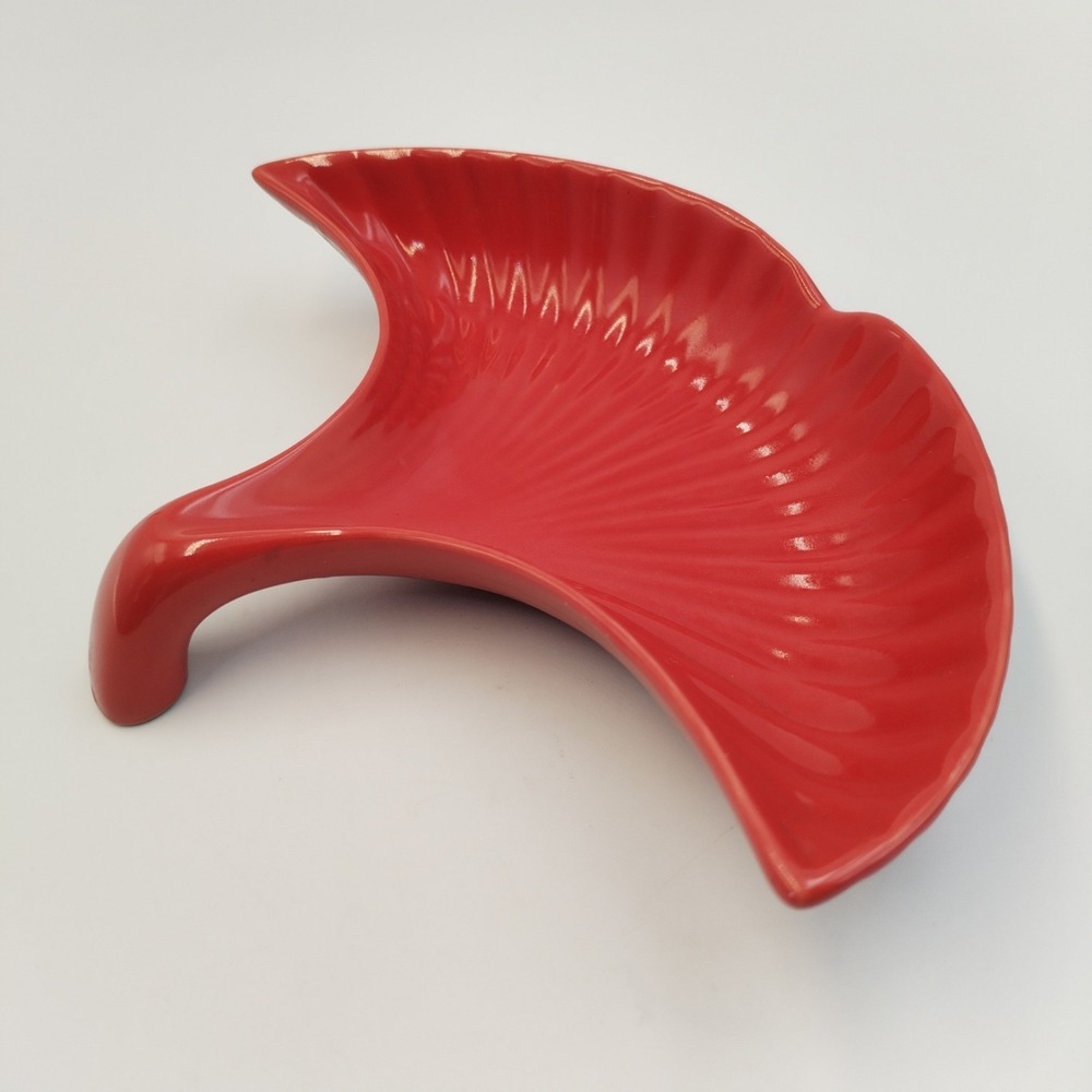 Red Visun‎ China Ginkgo Leaf Fan Shaped Whale Tale Snack Plate Trinket Tray MCM